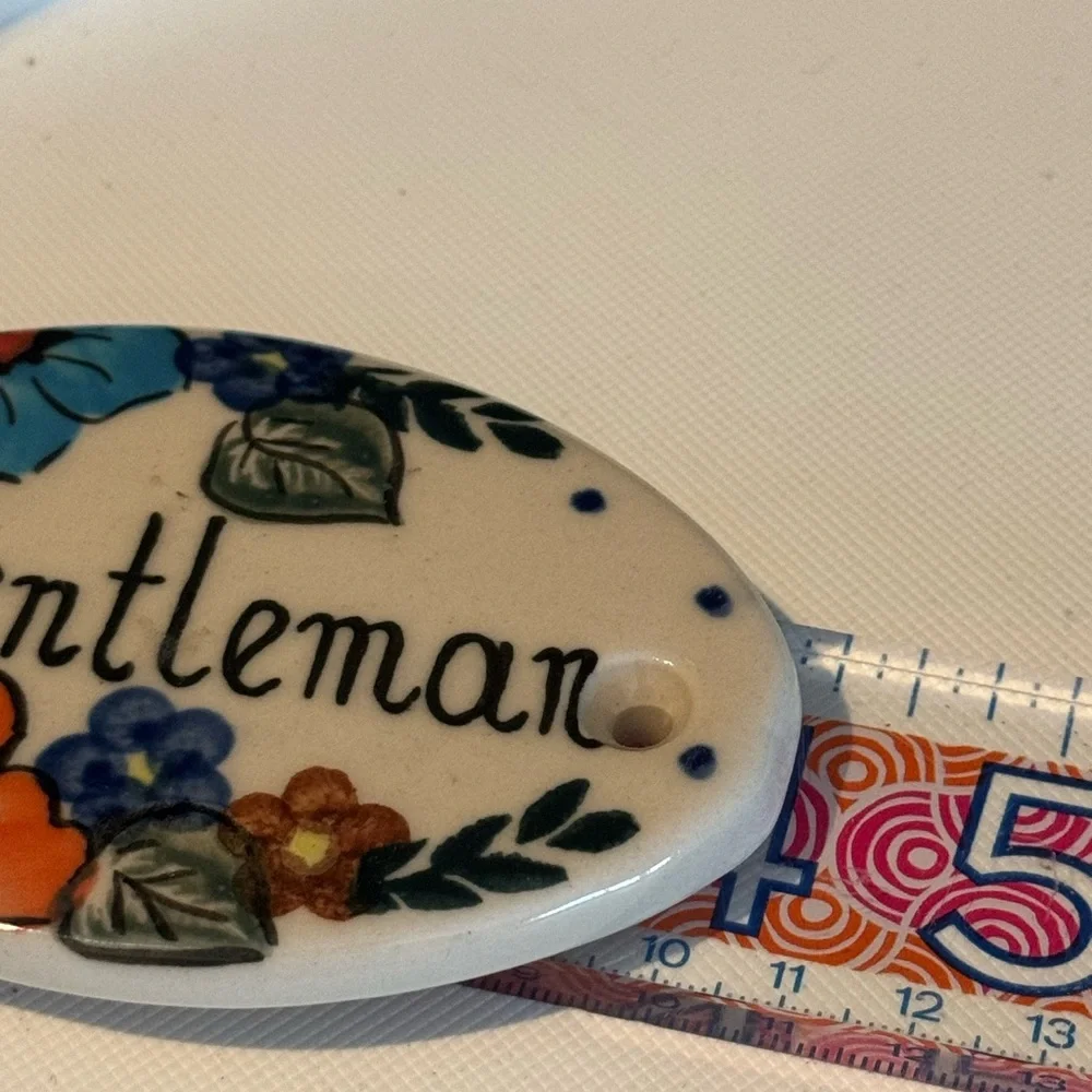 Unikat Polish Pottery “Gentleman” Ceramic Sign, Oval With Flowers, 4.25”